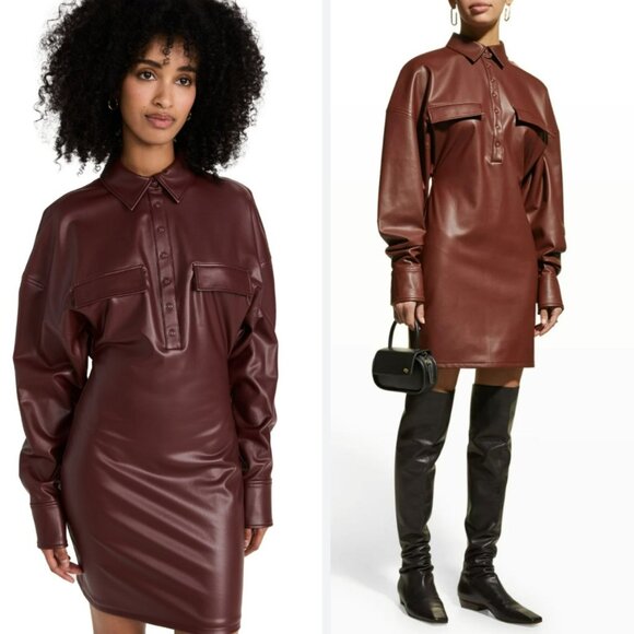 NEW Lapointe Stretch Faux Leather Mahogany Brown Button Front Collar Mini Dress - Picture 1 of 15